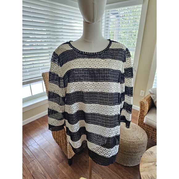 Talbots Eyelet Crocheted Black & White Striped Blouse 3/4 Sleeve Size XL NWT - Picture 1 of 9